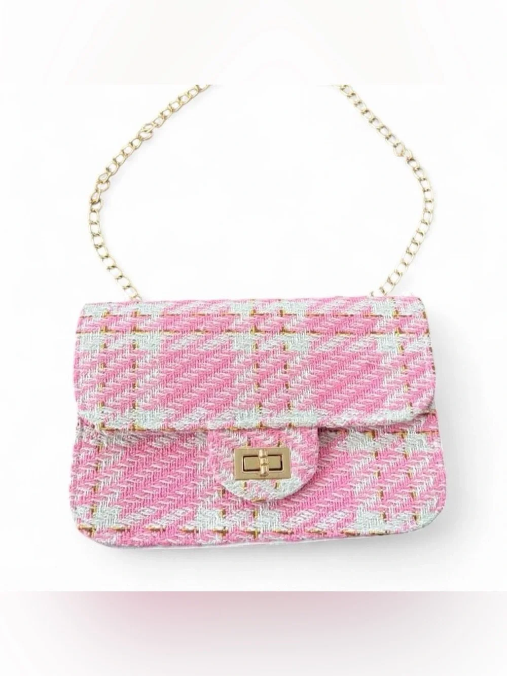 Francesca's Collections Pink Tweed Chain Crossbody Bag with Gold Chain
